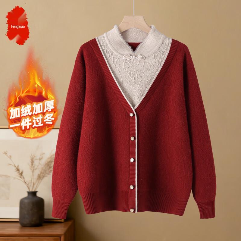 Fengxiao Women s Chinese Style Fleece-Lined Knit Sweater XL