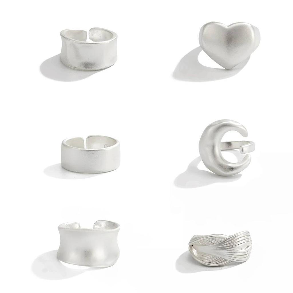 SHIXIN 6 Styles Trendy Moon Love Heart Adjustable Open Rings for Women Creative Geometric Irregular Wide Knuckle Ring Lady Gifts