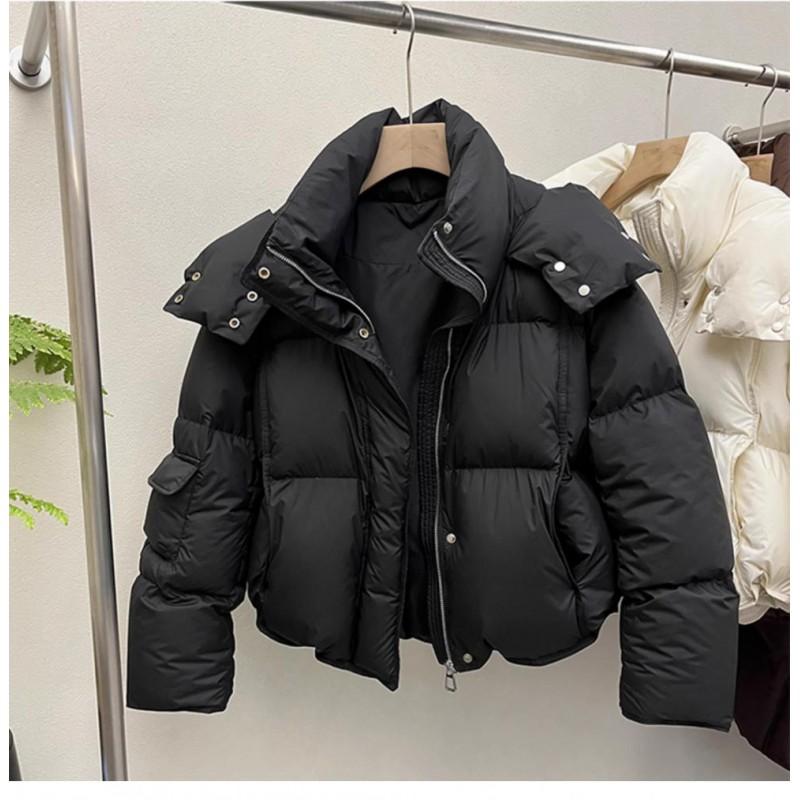 Womens Short Puffer Coat Winter Warm Hooded Cotton Jacket Solid Color Loose Fit Commute Style