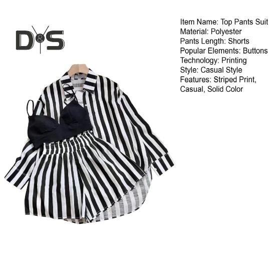 Dámská pruhovaná košile a šortky Sada Dvoudílný oblek Volný střih Ležérní košile Kalhoty Jednobarevný Top s dlouhým rukávem Krátké letní outfity pro ženy