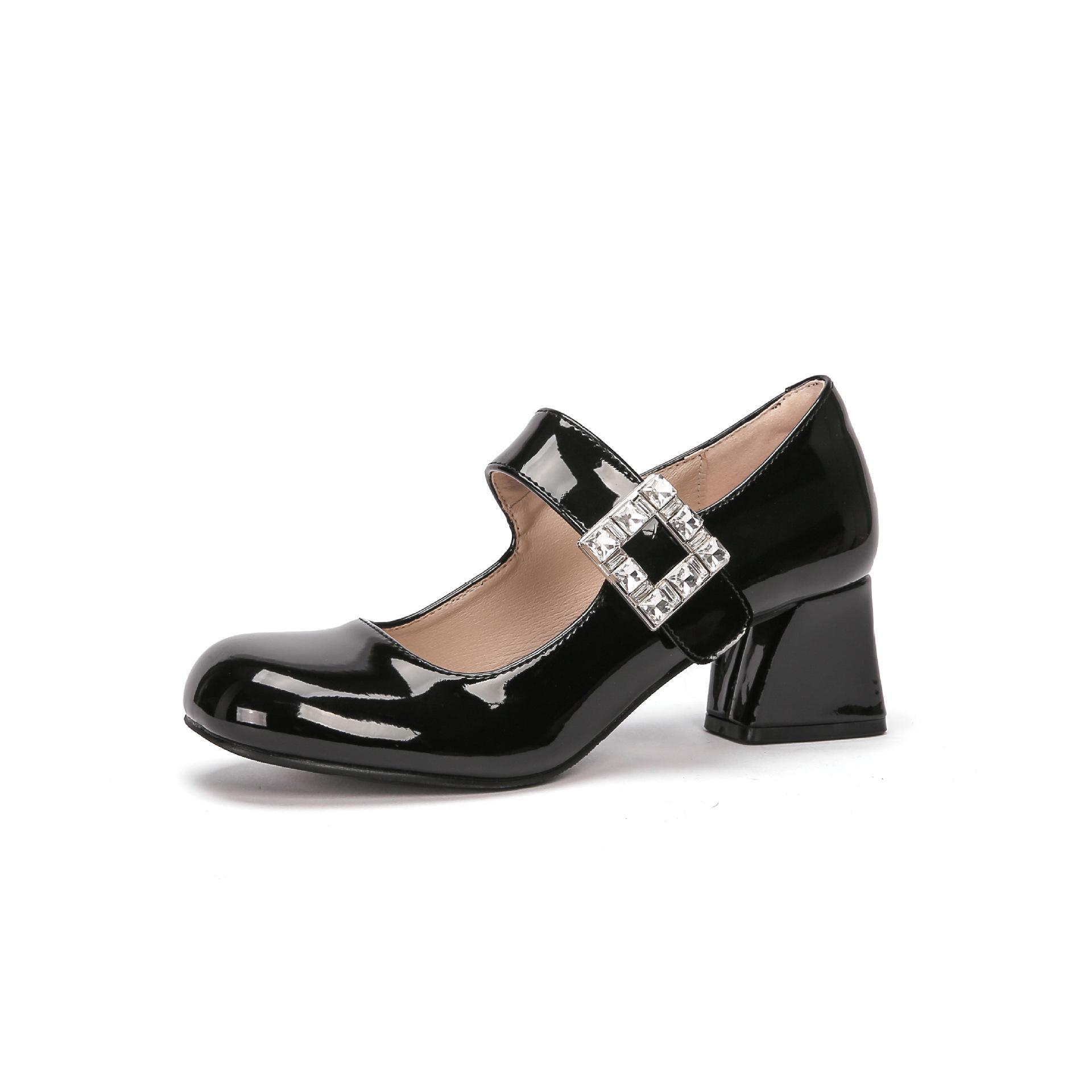 

Туфли на высоком каблуке с квадратной пряжкой и стразами во французском стиле для женщин - 2024 Mary Jane Туфли из кожи на толстом каблуке 39 чёрный