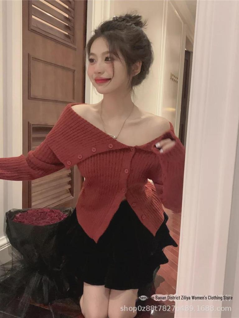 Women's Off-Shoulder Cardigan - Autumn/Winter, Live Color Core-Spun Yarn, Long Sleeve, 270g