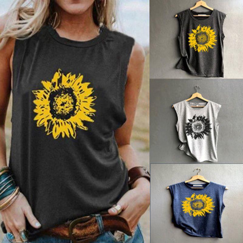 Womens Sleeveless Sunflower Tops Blouse Ladies Vest Tank Pullover Tshirts Tee