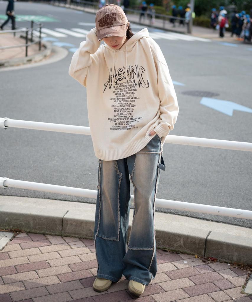 WEGO Graphic Print Knit Korean Loose Size White Men's Hoodie, Hooded, Unisex, Spring, Casual, Streetwear, Style, Fit, Gift, Spring, Autumn, Winter, M,