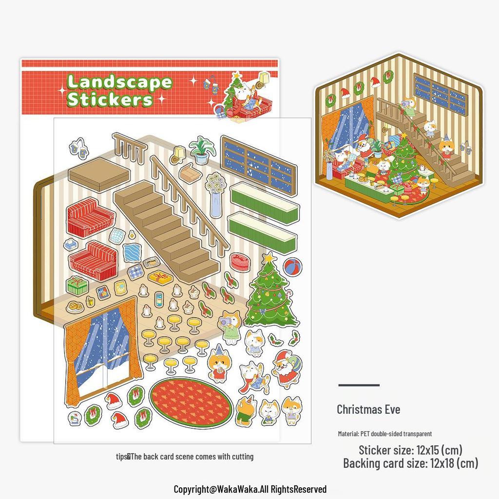 Christmas Miniature 3D Cabin Scene Stickers – Cute Handmade Cartoon Stickers for Journals