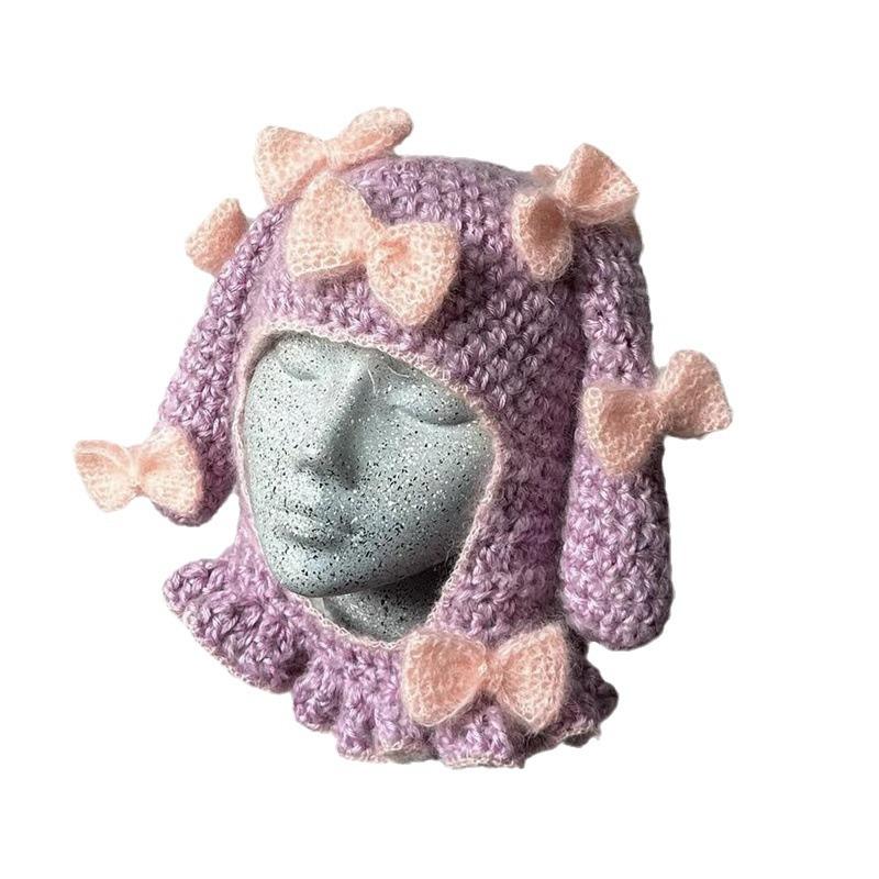 Einfarbige gestreifte Katze-Ohr-Mütze, modische und personalisierte Quasten-Überziehmütze für Erwachsene