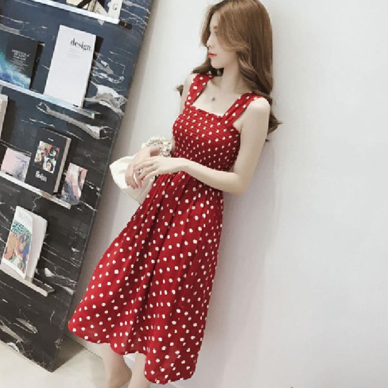 Spring and Summer New Korean Version Small Fresh Mid-length Suspender Polka Dot Thin Back Sweet Vest Chiffon Dress