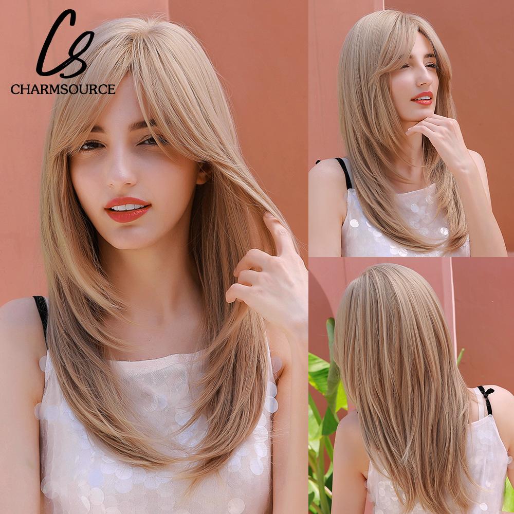 Natural Wavy Blonde Synthetic Wigs Medium Length Layered Hair with Side Bangs for Women Daily Party Cosplay Heat Resistant Fiber