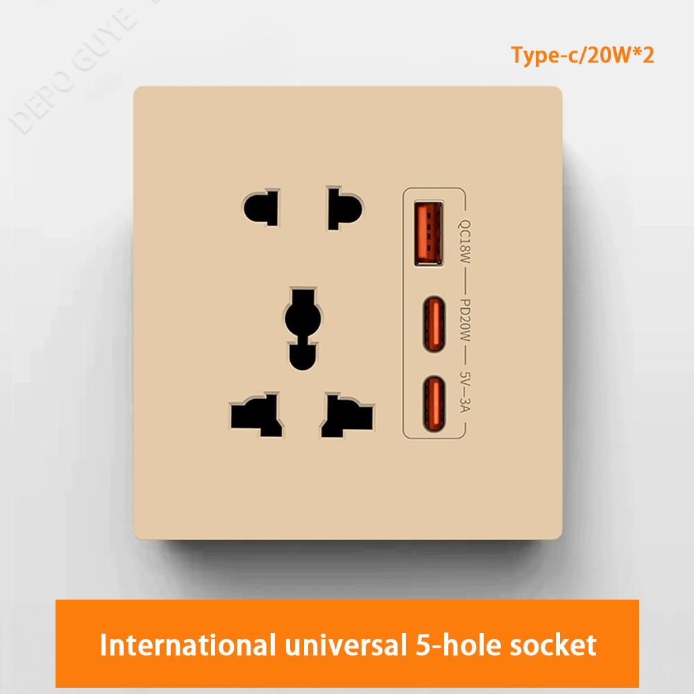 Universal 5Pin Socket With 20W Fast Charging Double Type-C Port,UK Wall  Electrical USB Plastic Power Plug Outlet AC 110V-250V