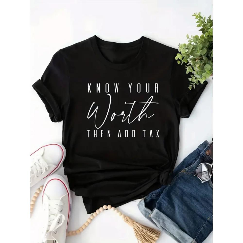 Worth Letter Print T-Shirt Short Sleeve Crew Neck Casual Top For Spring Summer Women s Clothing S