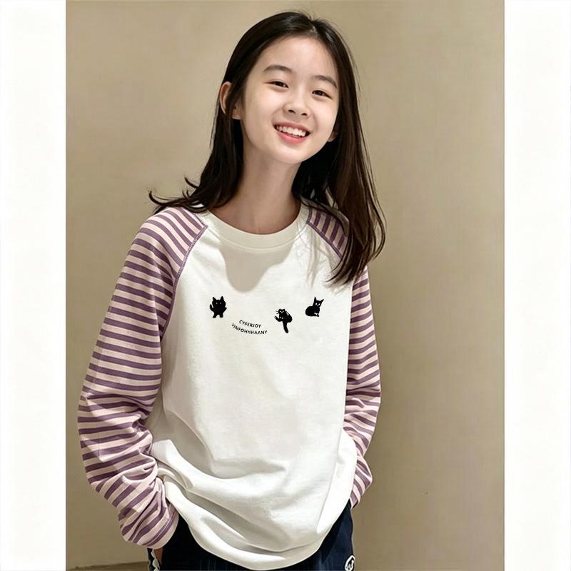 Girls' Korean Style Patchwork Striped Long-Sleeve T-Shirt—Trendy Color Block Base Layer for Spring and Autumn
