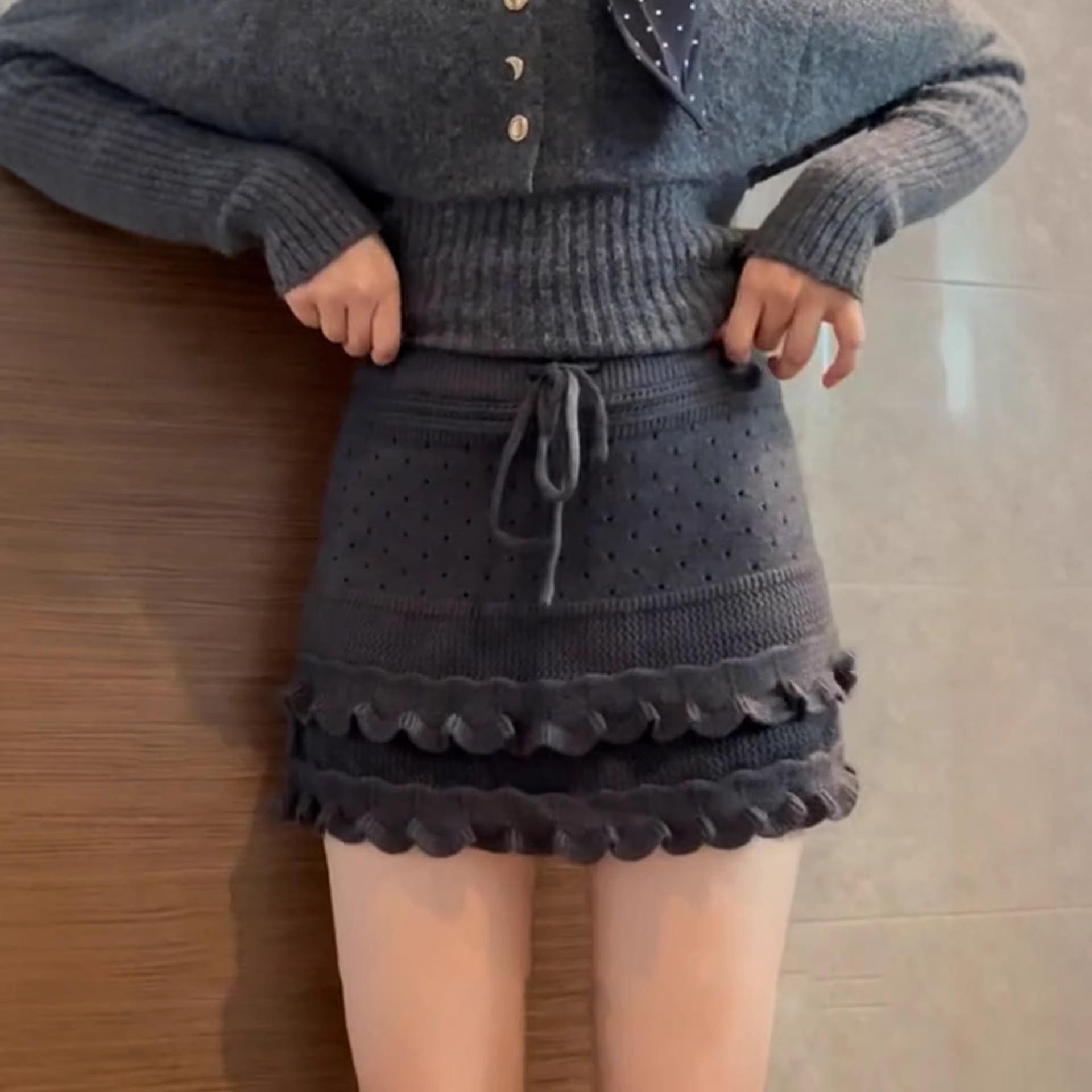 

Women s Korean Style Ruffle Knit Mini Skirt - Autumn/Winter Petite A-Line Skirt One Size темно-серого