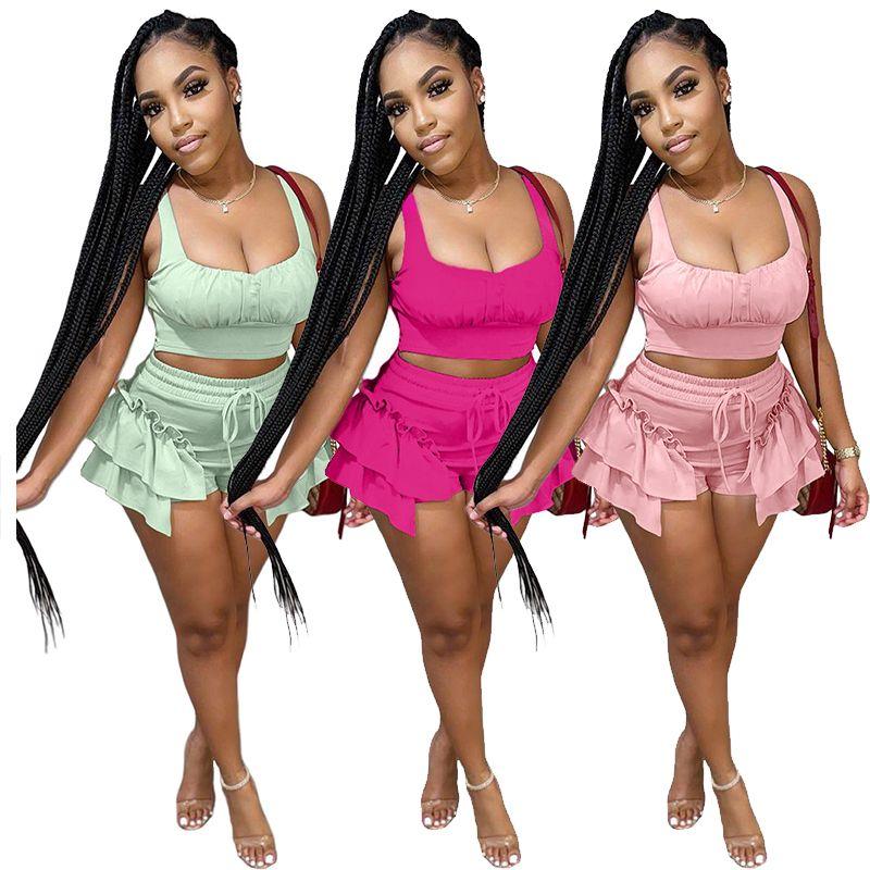

Two-Piece Lace-up Vest Pleated Shorts Pink XL