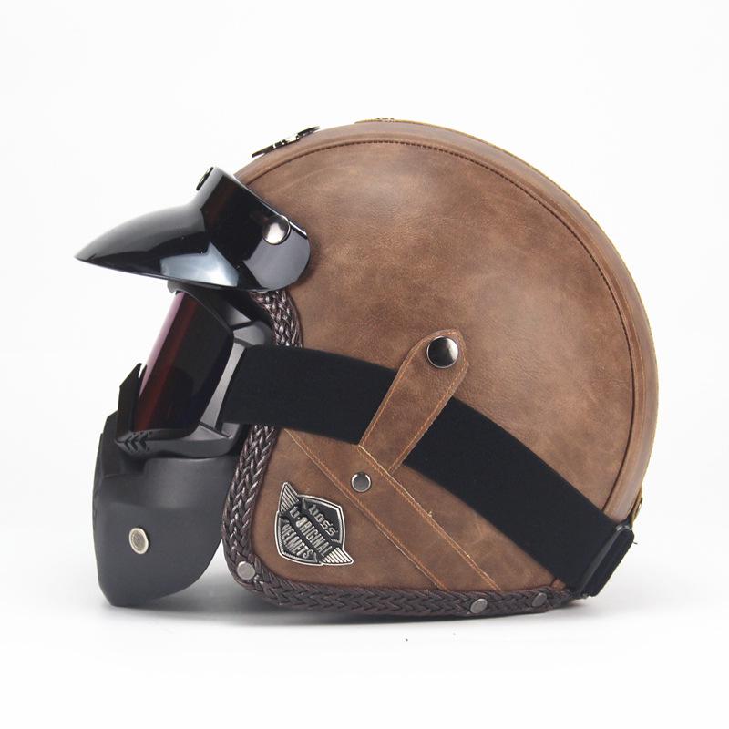 PU Leather Helmet 3/4 Motorcycle Chopper Bicycle Helmet Exposed Vintage Motorcycle Helmet & Goggles Mask Half Face Helmet