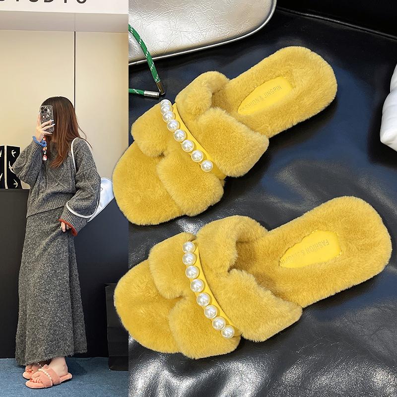 Fashion French Straight Cotton Slippers Women's Outer Wear Autumn and Winter New Comfortable Retro Flat Plush Mop