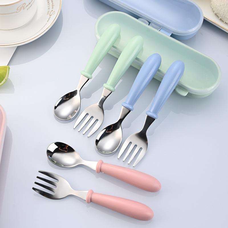 Child's Portable Cutlery Set with Cartoon Handle - Stainless Steel Fork and Spoon Gift Box for Kindergarten Feeding