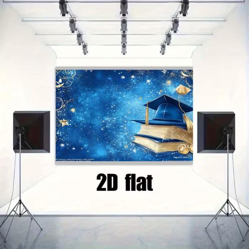 Stendardo di Laurea Piatto 2D, Cielo Blu Stellato con Tocco di Laurea e Stelle Dorate Sfondo per Servizio Fotografico di Festa