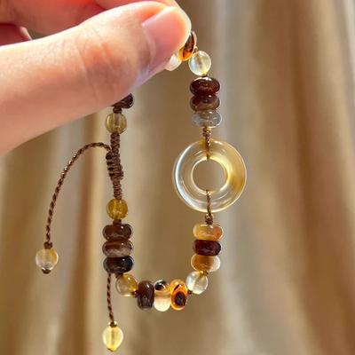 Natural Crystal Safety Buckle Beaded Bracelet For Women Adjustable Braided Rope Retro Brown Healing Stone Lucky Charm Jewelry Holiday Daily Wear Gift