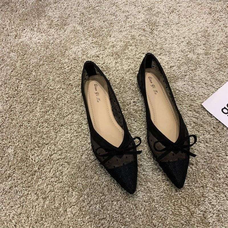 Flat Bottom Polka Dot Mesh Doudou Fairy Shoes Summer Pointed Head Bow Soft Sole Shallow Mouth Breathable Women's Single Shoes