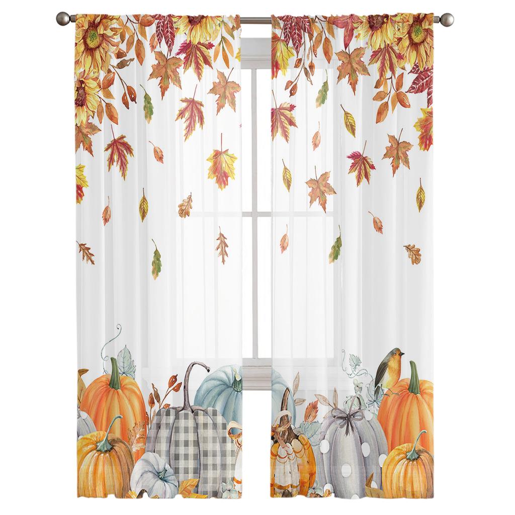 Thanksgiving Fall Pumpkin Maple Leaf Sheer Curtains Home Window Decorations Voile Tulle Curtains For Living Room Bedroom Kitchen