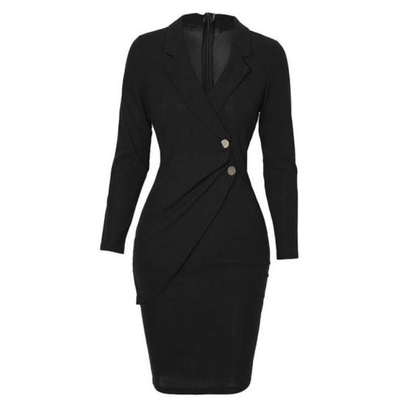 Women's Solid Color Long Sleeve V Neck Button Zipper Slim Fit Mid Length Formal Dress