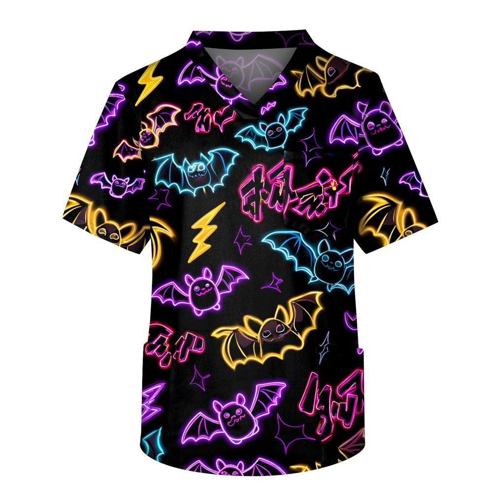 Men's Short Sleeve V-Neck Halloween Print Chest Pocket Care Top