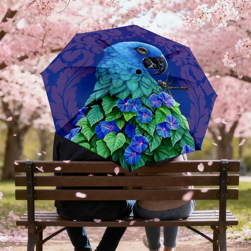 1pc Parrot Flowers Automatic Folding Umbrella 8 Rib Iron Frame,  Suitable for Travel, Daily Use, Birthday, Women & Men Gift