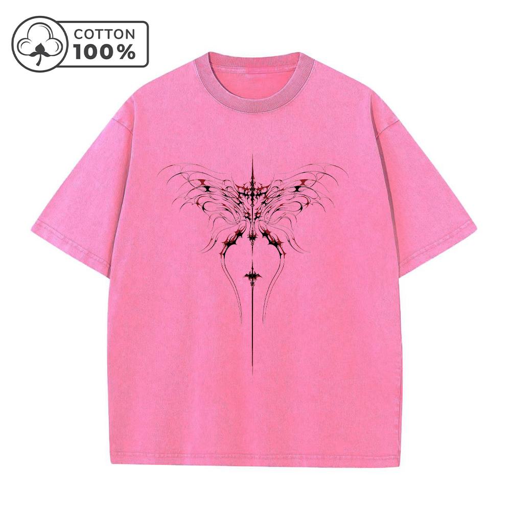 Mens Unique Line Butterfly Print Washed T Shirt Distressed Retro Casual Loose Pure Cotton Short Sleeved Summer Commuter Top
