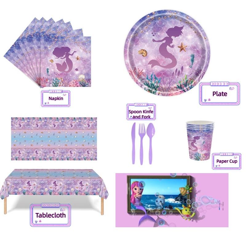 Theme Mermaid Party Paper Plates Tableware Set Childrens Birthday Decorations