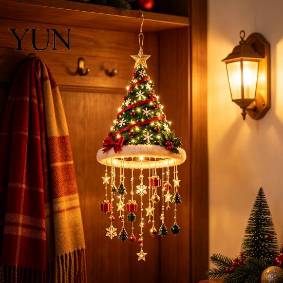 Staggered Light Pendant Lighted Christmas Ceiling Hanging Decor, Pre-Lit Tree Bell with LED Warm LED, Porch Doorway Holiday Ornament, Indoor