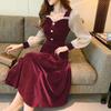 Abito da donna a tubino finto due pezzi stile coreano-francese, snellente, elegante, a maniche lunghe, patchwork, un pezzo