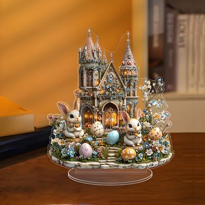 Easter Bunny Ornament 2D Flat Acrylic Ornament Tiered Tray Decoration Castle Rabbit Figurine