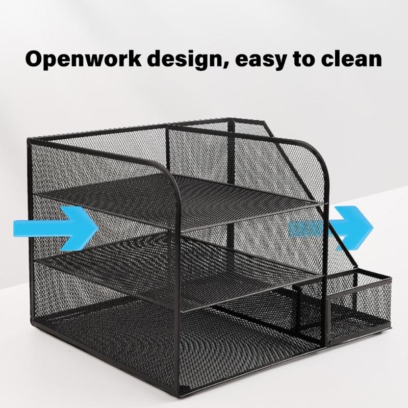 Desk Paper File Tray Organiser 3-Tiered Metal File Letter Tray With Book Rack Space Saving Document Organiser For Office