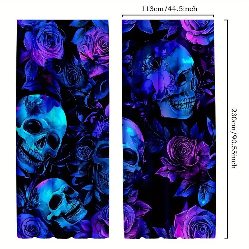 Gothic Skull Rose Pattern Printed Curtains Window Decorations Home Room Curtain Set Of 2 Made Polyester Washable