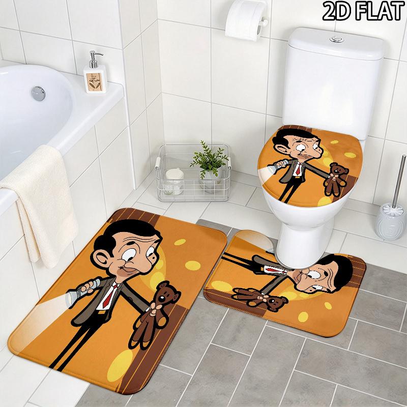 3pcs Mr. Bean Pattern Flannel Nonslip Absorbent Washable Decorative Bathroom Home Toilet Seat Cover Mat