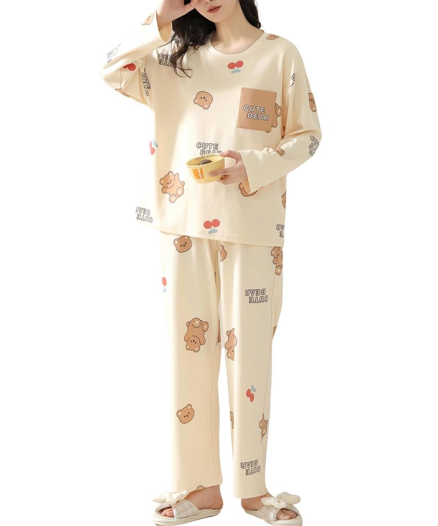 PHOLEEY Cute Cotton Long Sleeve Pajamas Set with Bra and Cups for Spring and Autumn Women's 100% Built-in