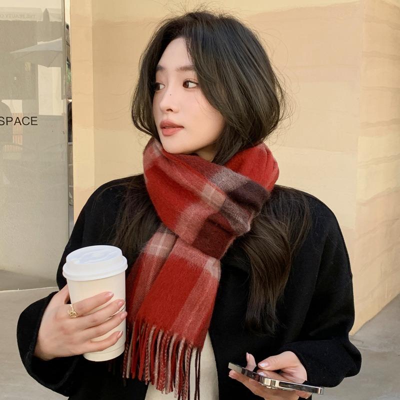 100 pure wool scarf women's retro plaid red men's and women's couple's autumn and winter warm scarf