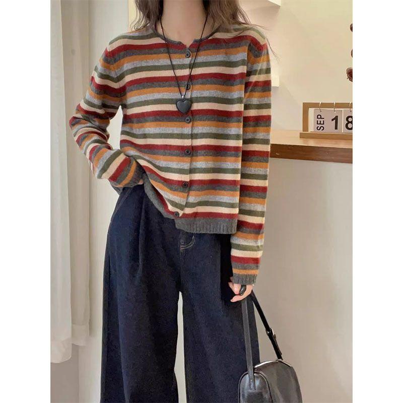 Round Neck Long Sleeve Color Striped Knitted Cardigan for Women In Autumn Sweater Jacket