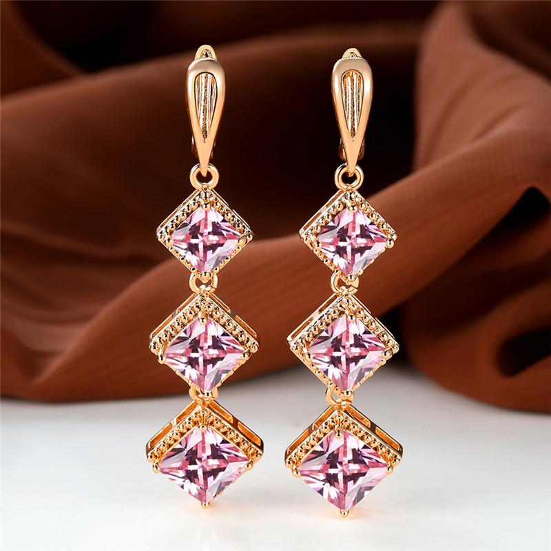 Náušnice s klipom v ružovozlatom prevedení s kamienkami v farbe birthstone, modrý zirkónový kameň, dlhé visacie, svadobné, pre ženy