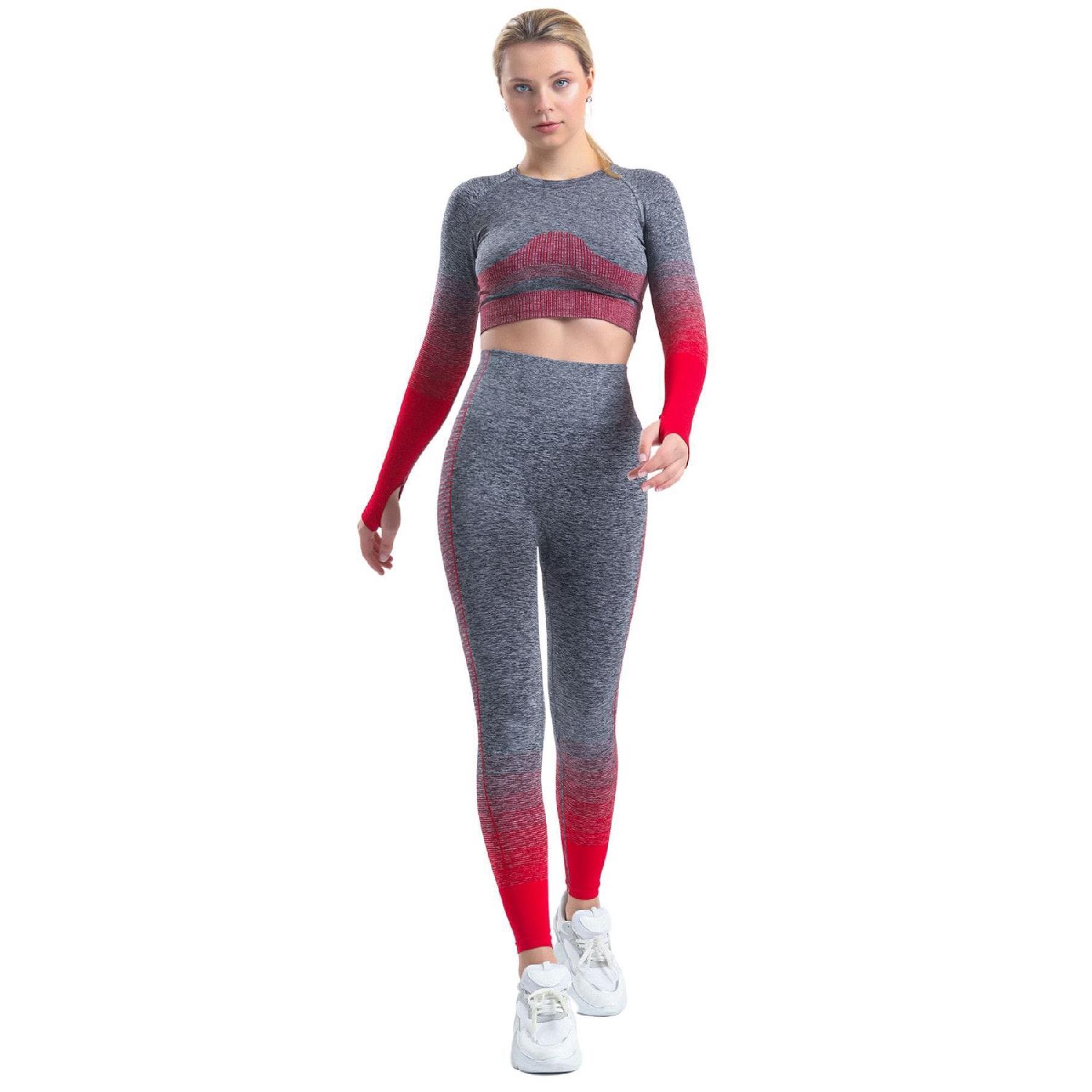 

Бесшовные леггинсы с высокой талией и сборками по низу и бюстье с длинными рукавами S-1709 S/M серый