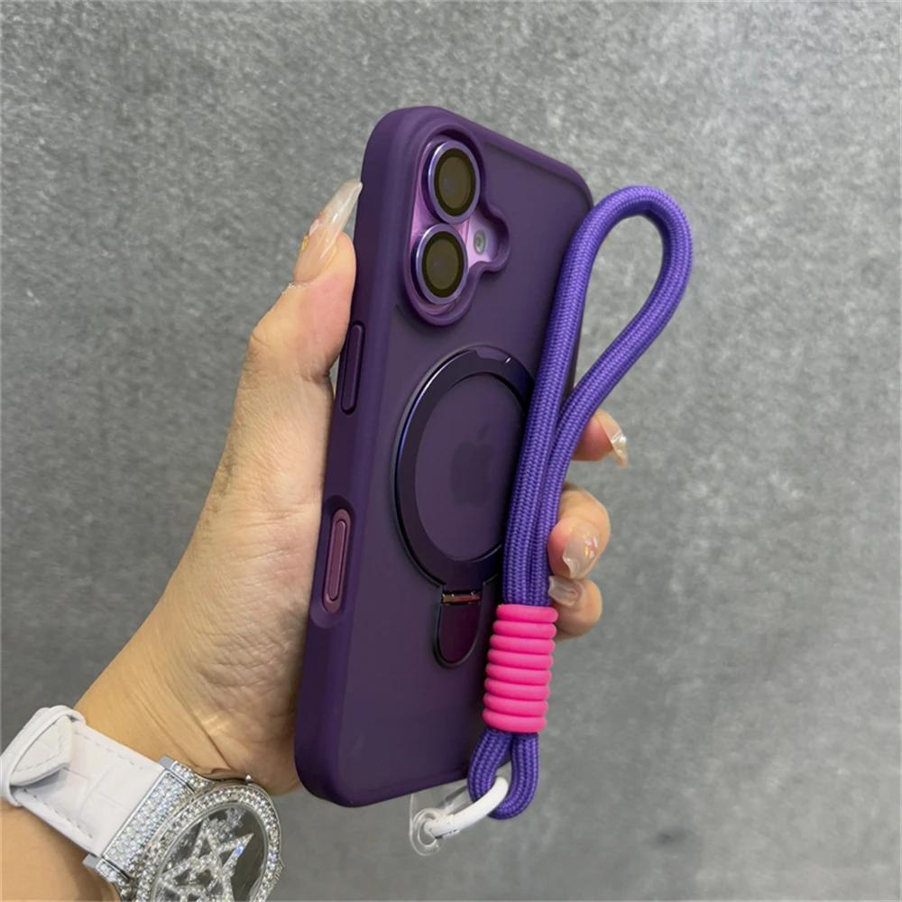 Wrist Strap Matte Clear Magnetic For Magsafe Holder Stand Case For iPhone16 15 11 12 13 14 16 Pro Max Plus With Lens Glass Cover