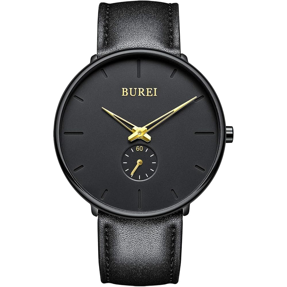 BUREI Men s Black Watch Simple Stylish Leather Strap Quartz Timepiece