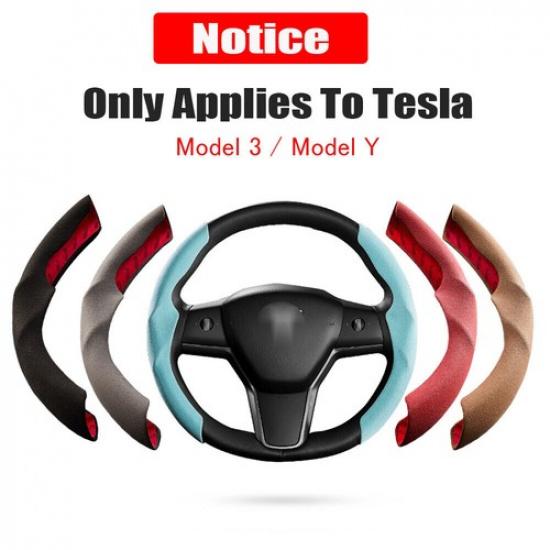 Black Leather Car Steering Wheel Cover Anti-slip for Tesla Model 3 Y Accessories