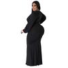 Plus Size Black Deep V Neck Long Sleeve Ruched Bodycon Maxi Dress