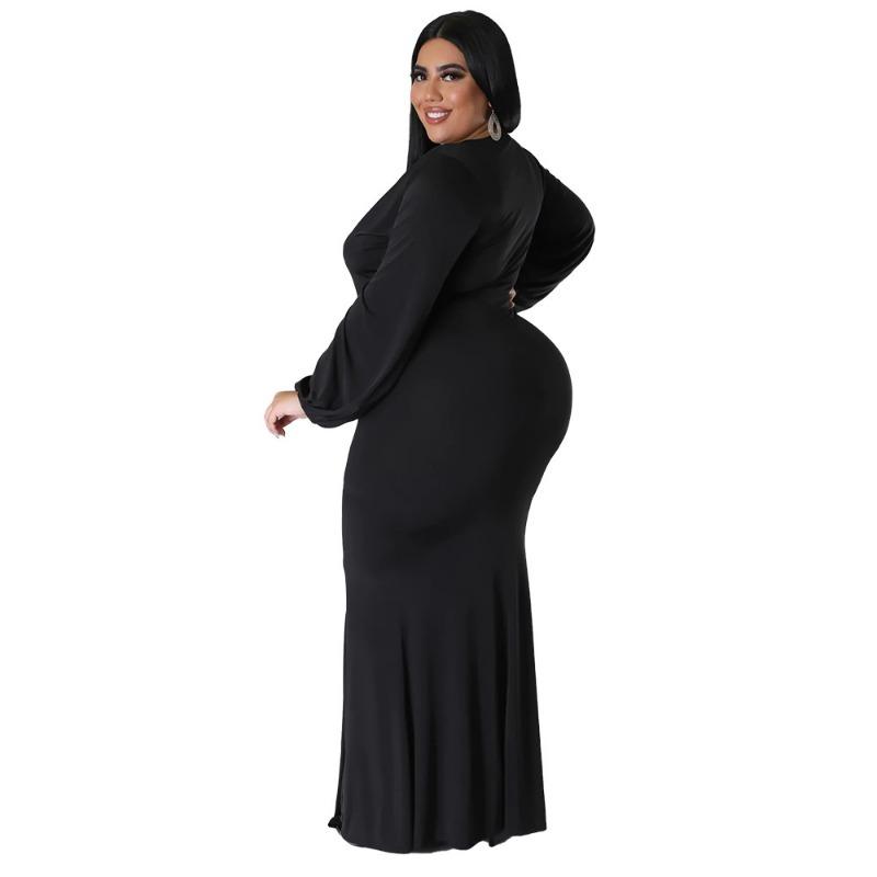 Plus Size Black Deep V Neck Long Sleeve Ruched Bodycon Maxi Dress