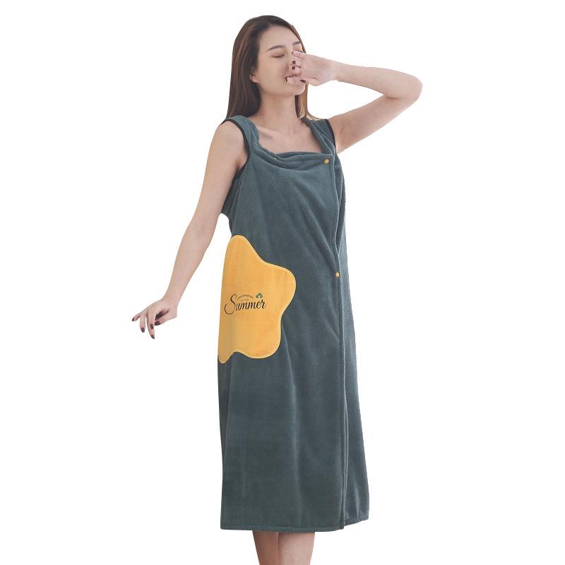 Women’s Quick-Dry Coral Fleece Bath Skirt with Pocket – Wearable, Absorbent, Strappy Bathrobe