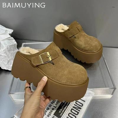 Platform High Heels Slippers Women Suede Mules Shoes Woman 2025 Trend Winter New Warm Casual Fashion Snow Botas Mujer Zapatos