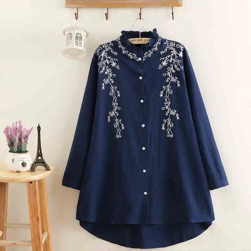 Spring New Style Retro Cotton and Linen Embroidered Women's Tops Large Size Lace Stand Collar Shirt for Women