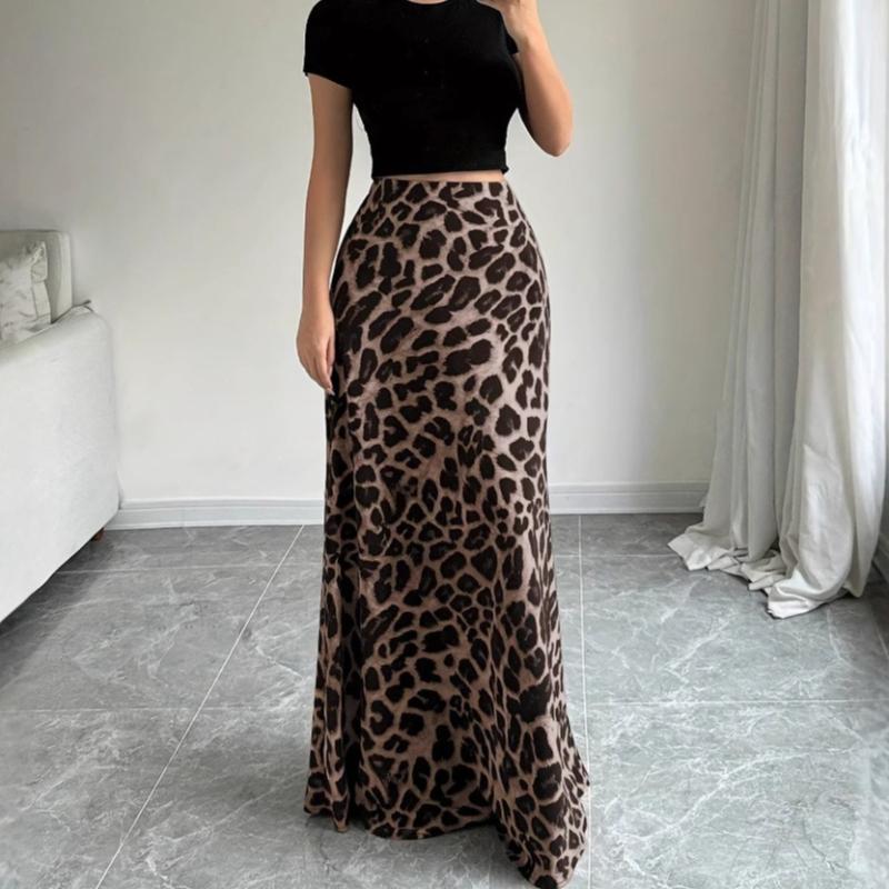Retro High-end Fashion Leopard Print Skirt Women's Summer Temperament Leopard Print High Waist Thin A Word Medium and Long Skirt