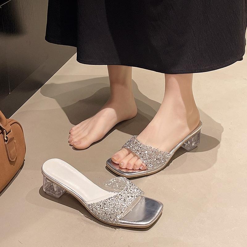 Fashion Block Heel Sequined High-heeled Sandals and Slippers 2025 Crystal Summer New Women's One-word Fashion Temperament Sandals